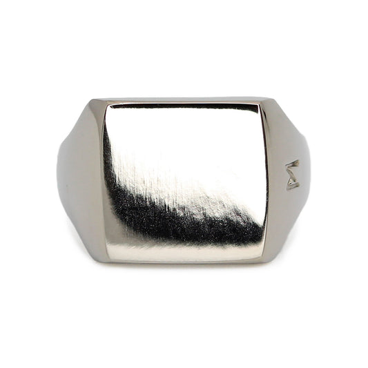 Single silver-colored titanium signet ring, 15x15 mm wide surface. Image shows front view of the ring